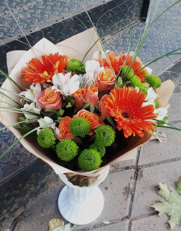 Букет цветов из: Герберы, Хризантемы, Альстромерии и Розы в Прямицыно