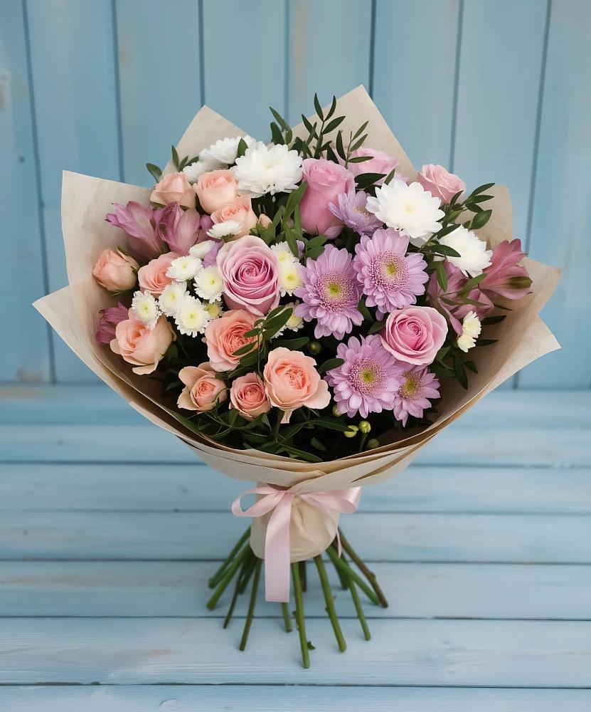 Букет цветов из: Хризантемы, Розы и Альстромерии в Прямицыно
