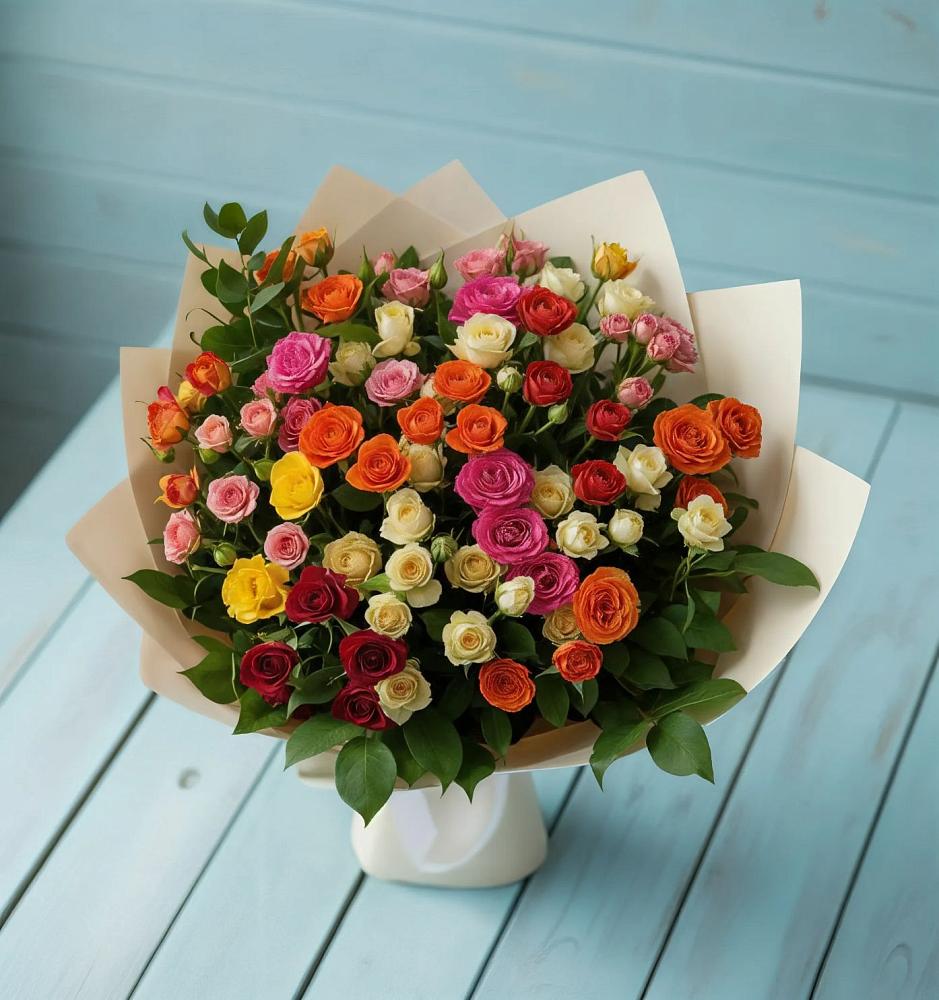 Букет Микс из разноцветных кустовых роз в Прямицыно
