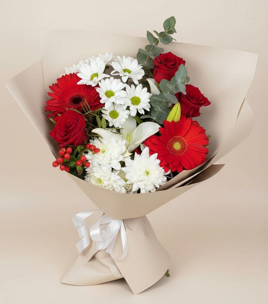 Букет цветов из: Розы, Хризантемы, Герберы и Лилии в Прямицыно