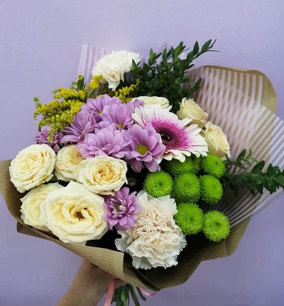 Букет цветов из: Хризантемы, Розы, Гвоздики и Герберы в Прямицыно