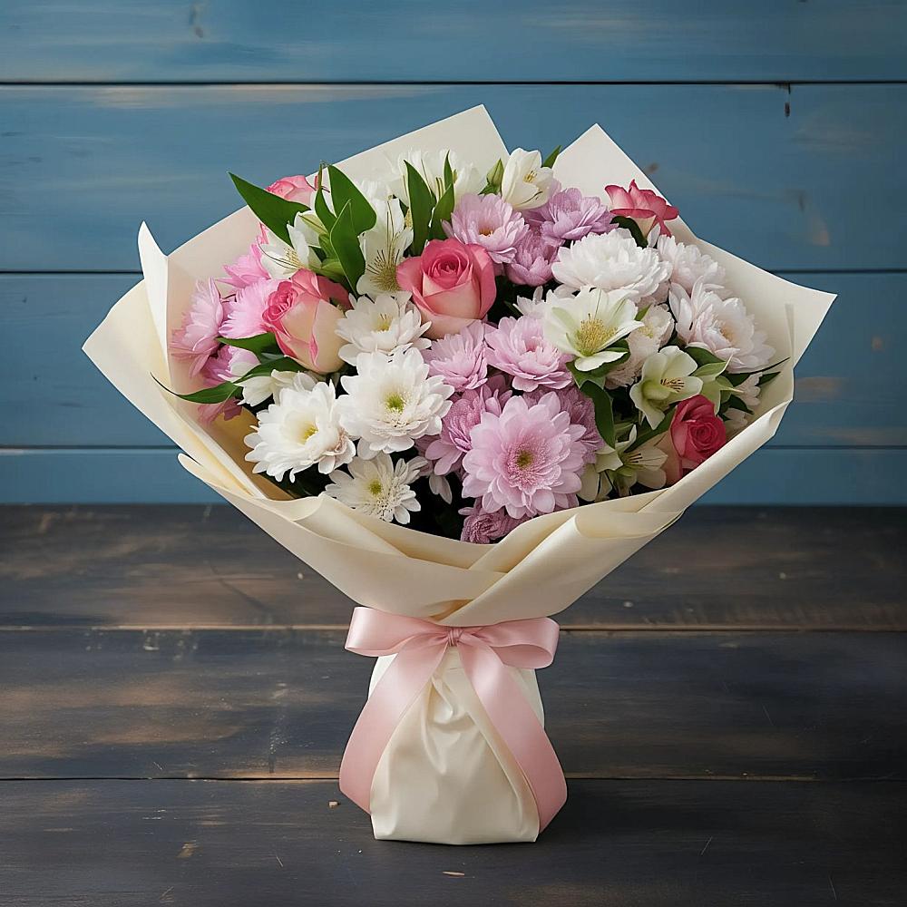 Букет цветов из: Хризантемы, Альстромерии и Розы в Прямицыно